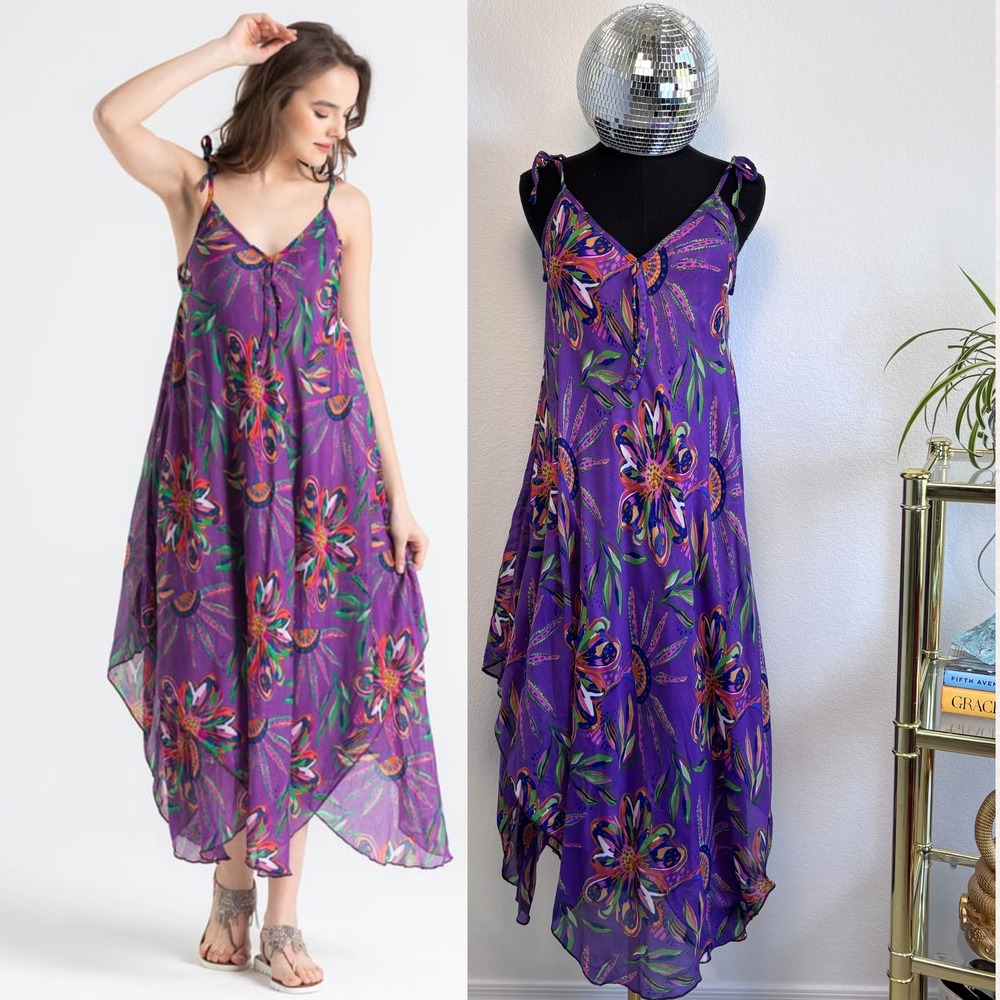 Perla Blanca Purple Floral Handkerchief Hem Midi Dress, Medium Summer Boho